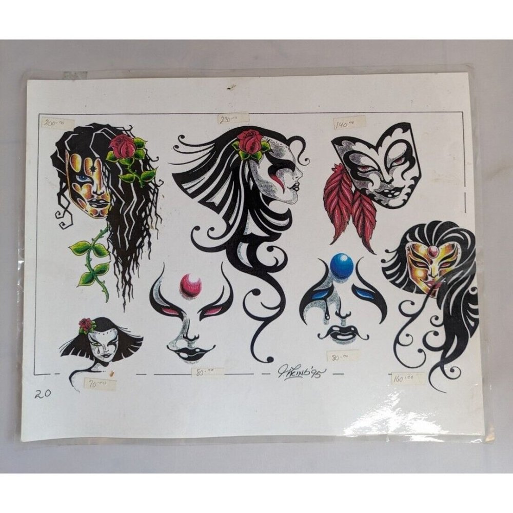 Vintage Original Tattoo Flash Art J Keins 1995 Flash Female Woman Mask